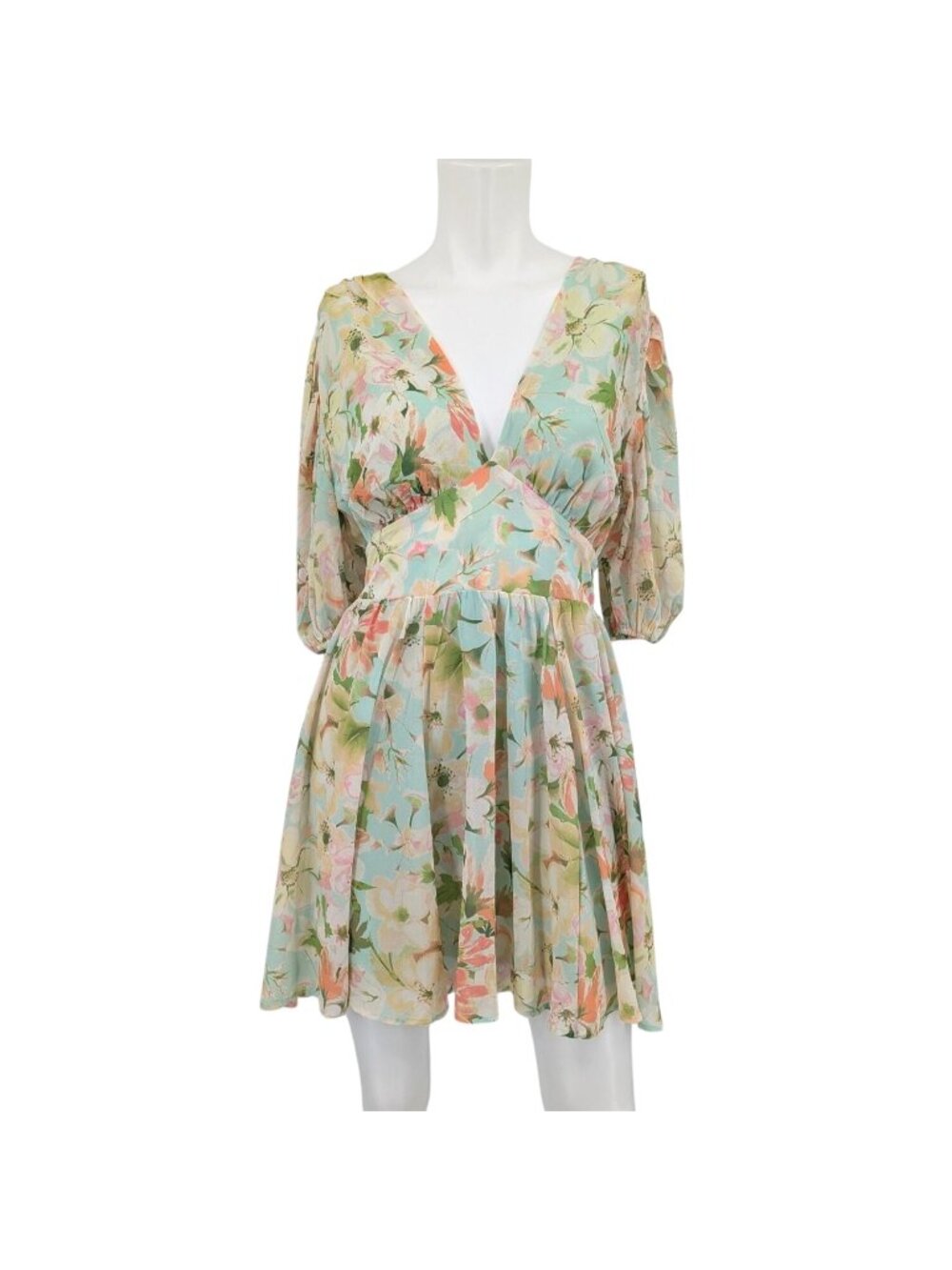 Floral Mini‎ Dress Babydoll Coquette Cottage Fairy Puff Sleeve Fit Flare Medium